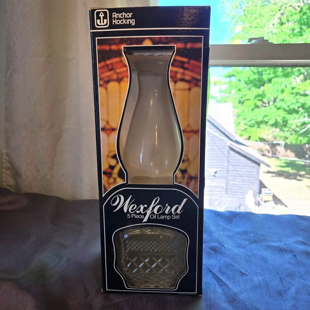 Vintage‎ Anchor Hocking Wexford 5 Piece Oil Lamp Set In Box